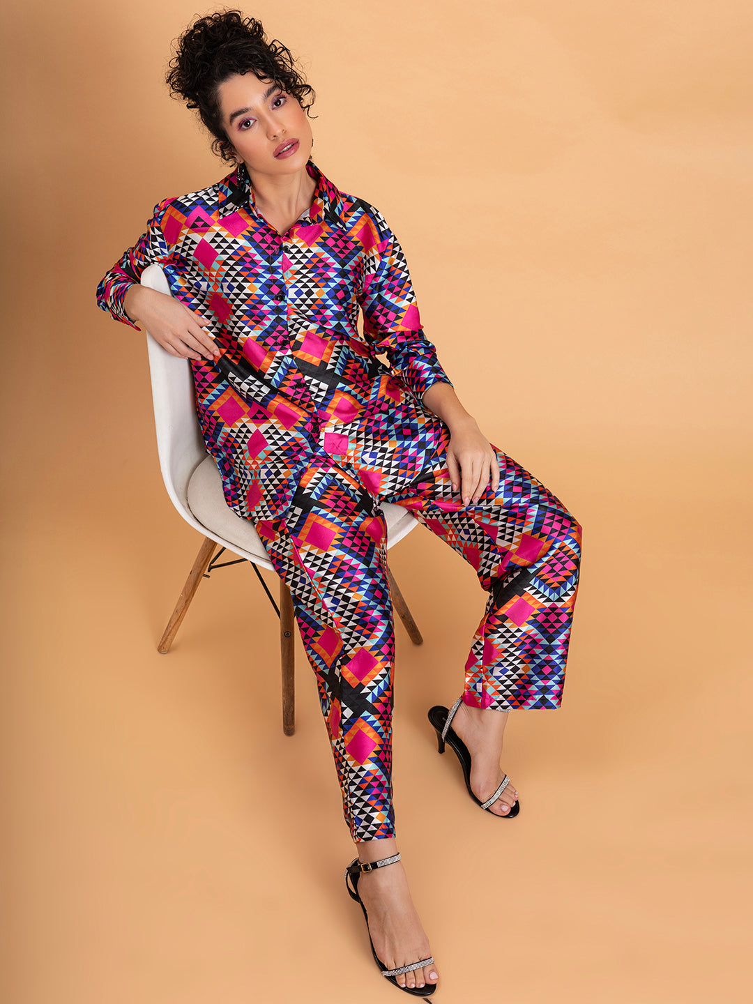 Top portion detail of multicolor floral satin co-ord