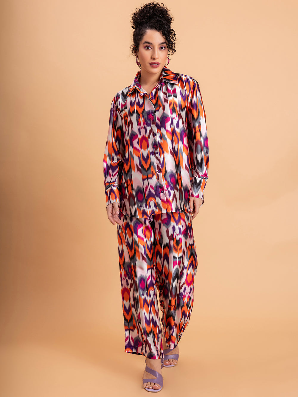 Side view of multicolor Atik printed satin co-ord set