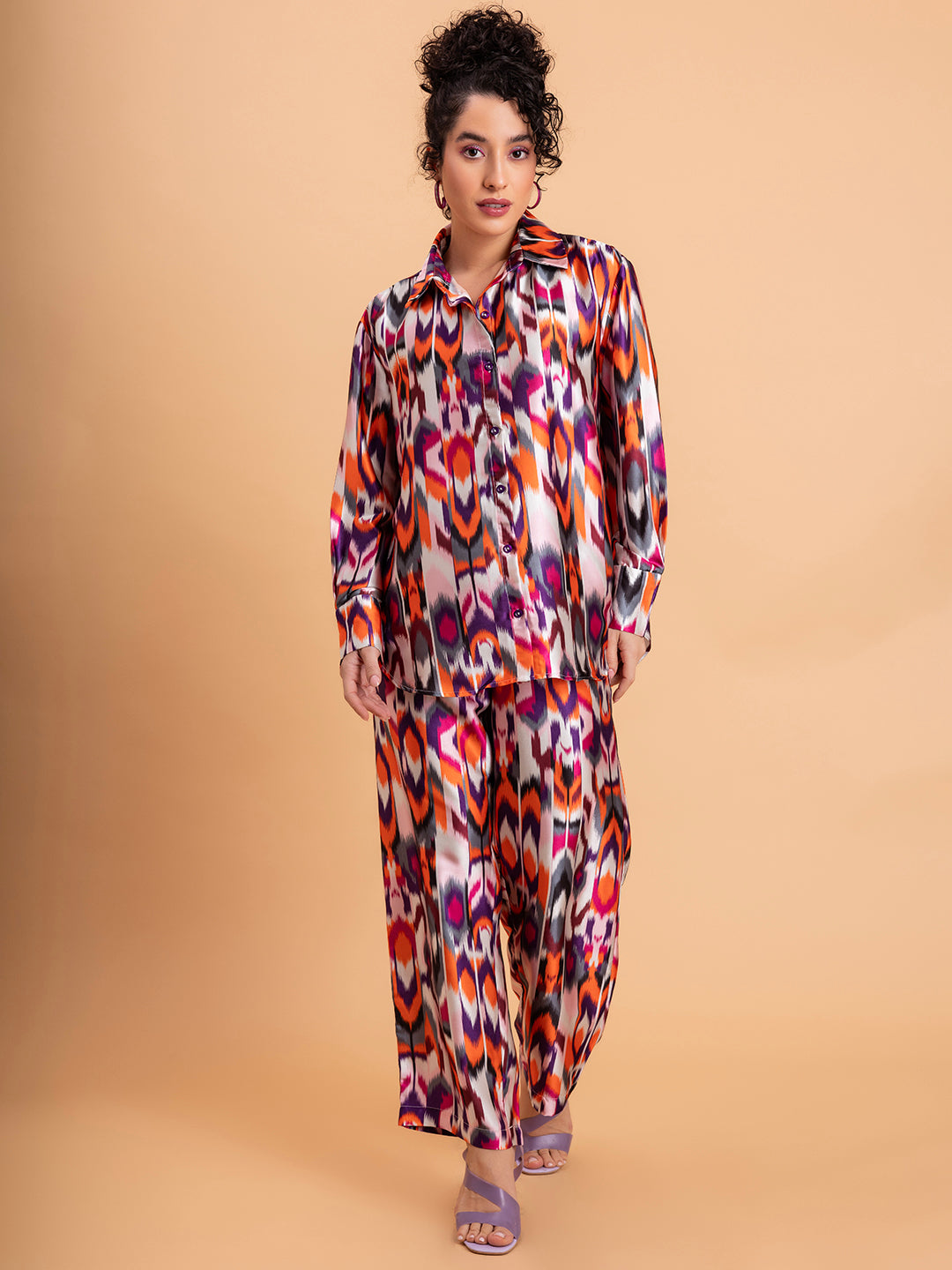 Side view of multicolor Atik printed satin co-ord set