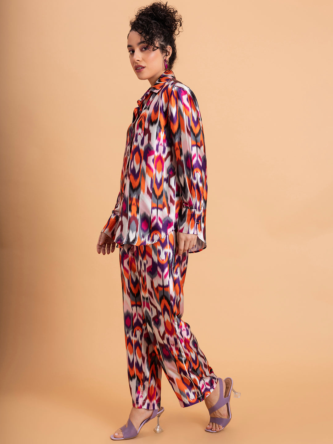 Close-up of Atik print on multicolor satin co-ord fabric