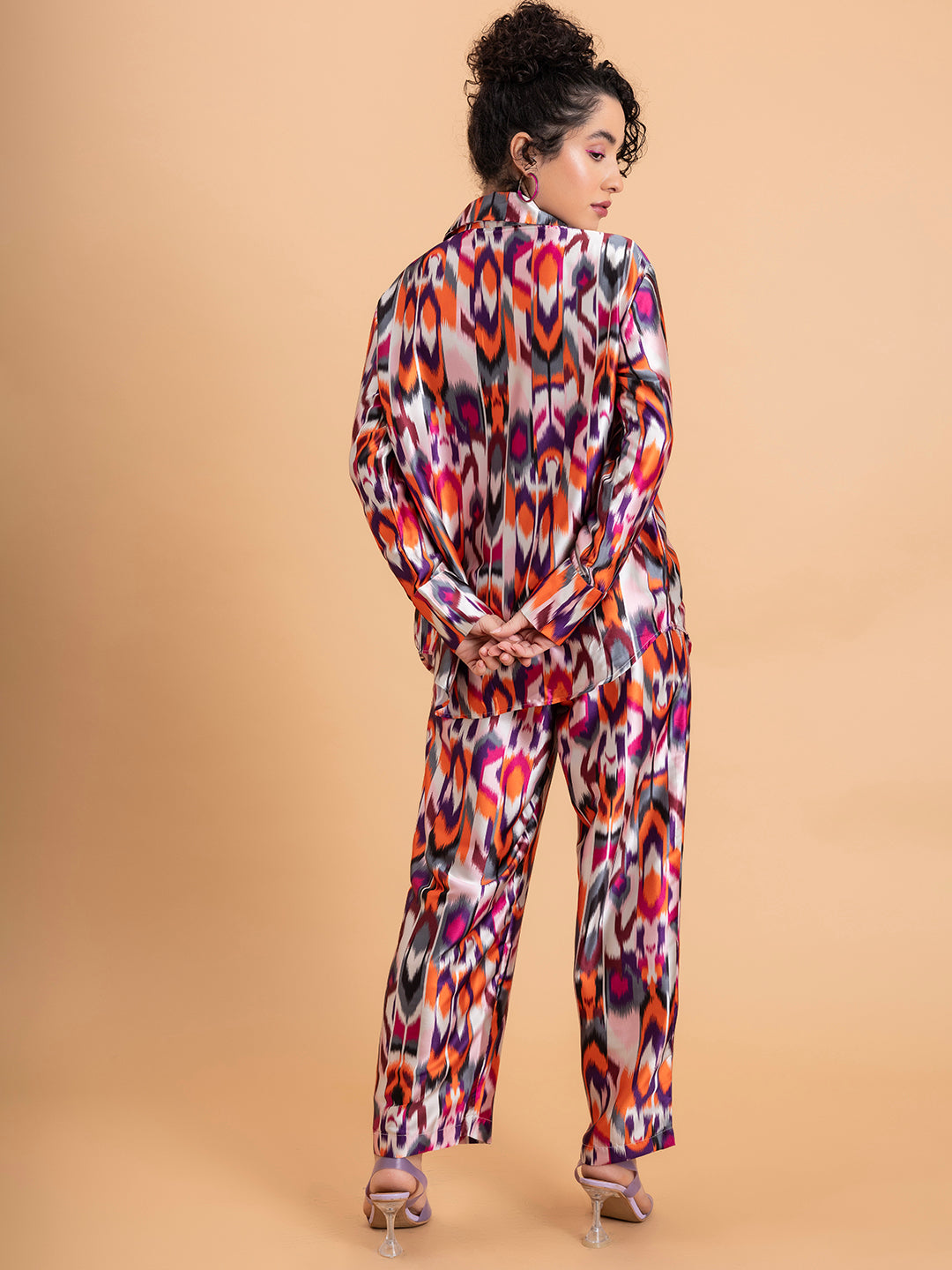 Top portion detail of multicolor Atik satin co-ord