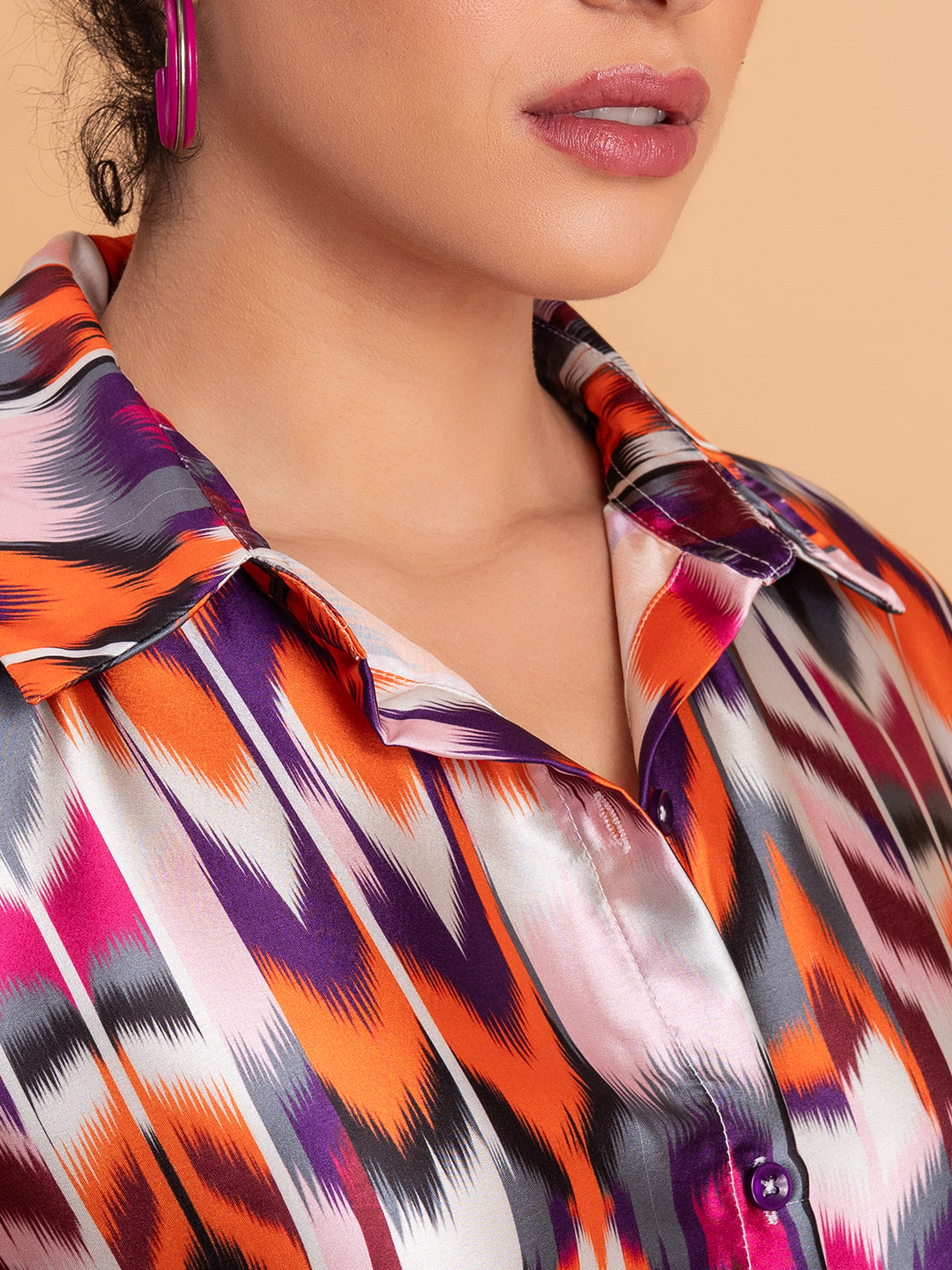 Back view of multicolor Atik print satin co-ord set
