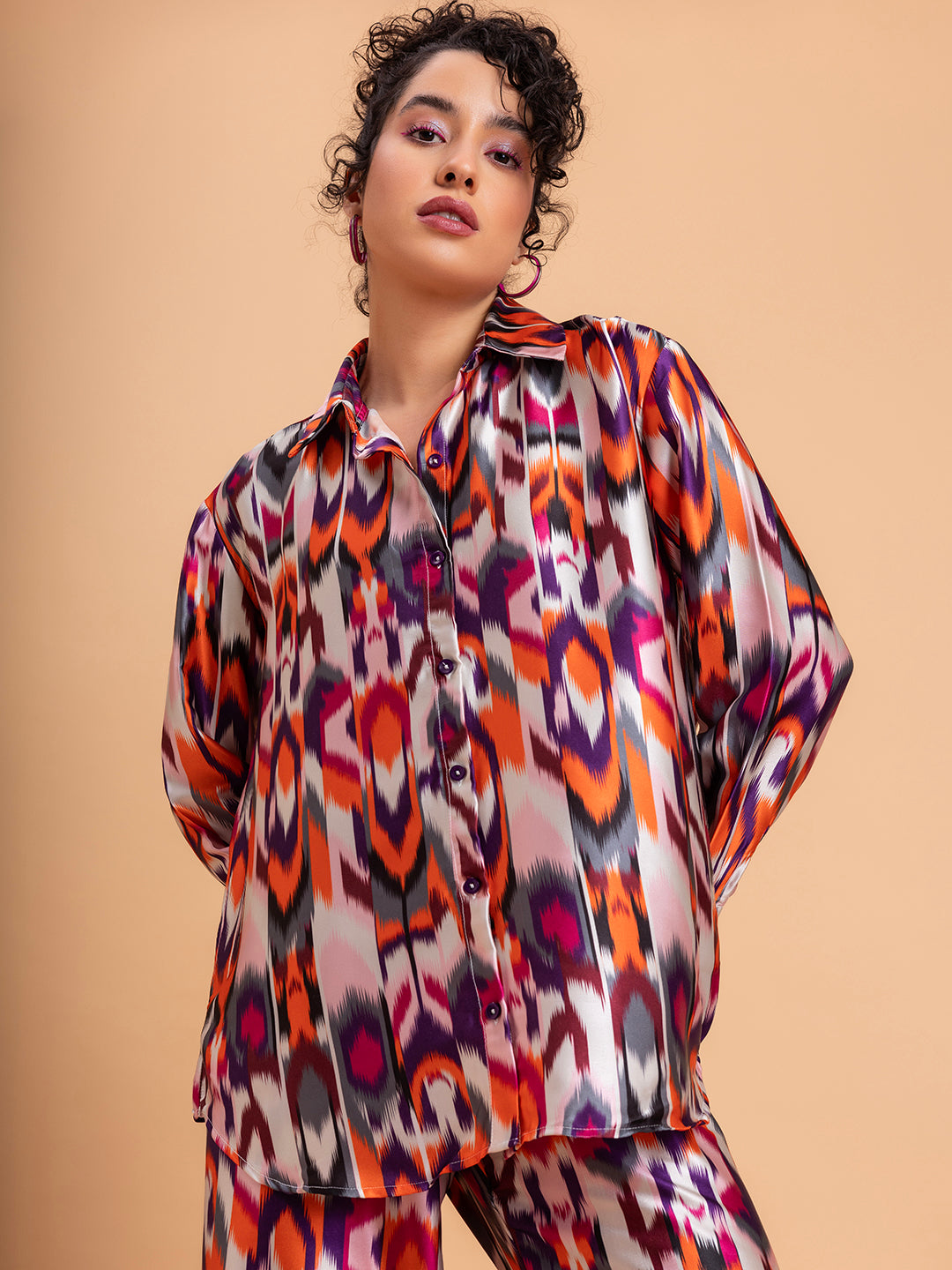 Full outfit view of multicolor Atik satin co-ord set