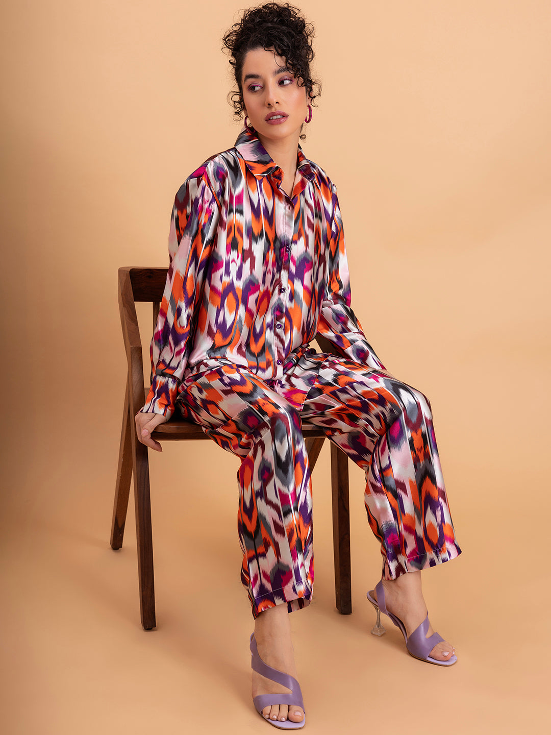 Detail of relaxed-fit multicolor Atik printed satin co-ord