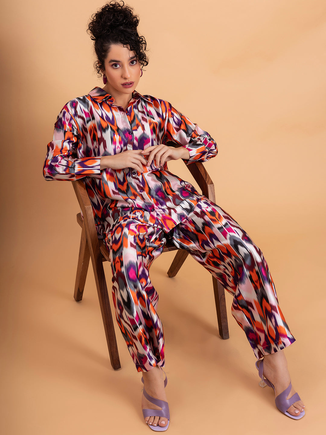 Side angle of multicolor Atik printed satin women's co-ord