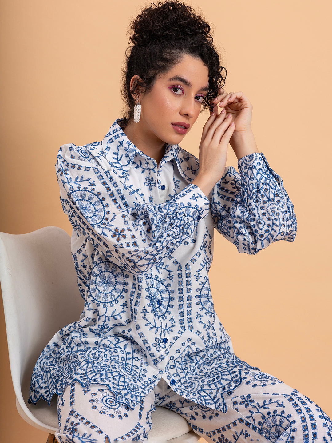 Full outfit view of white blue schiffli embroidered cotton co-ord