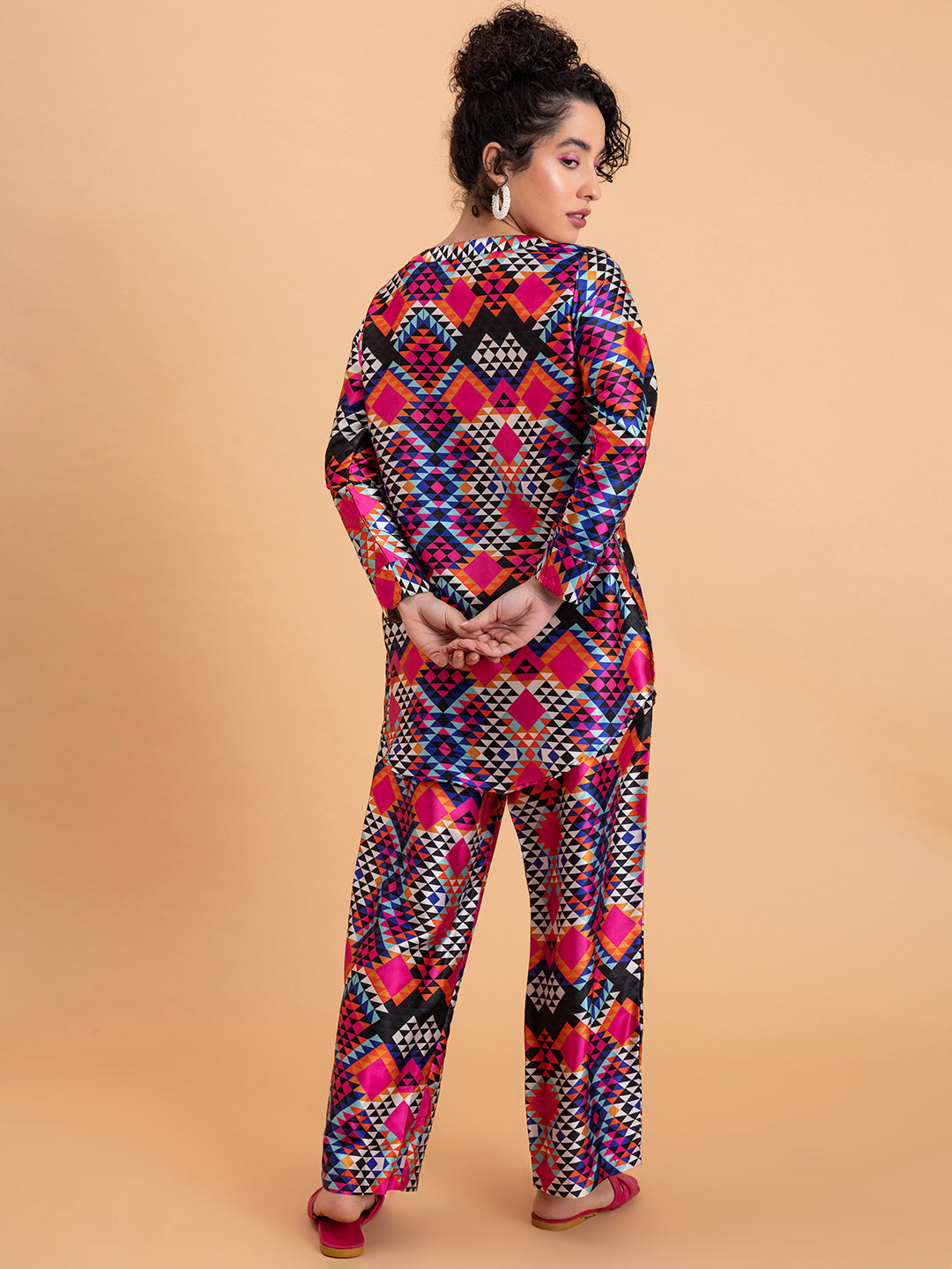 Back view of multicolor satin kurta co-ord set
