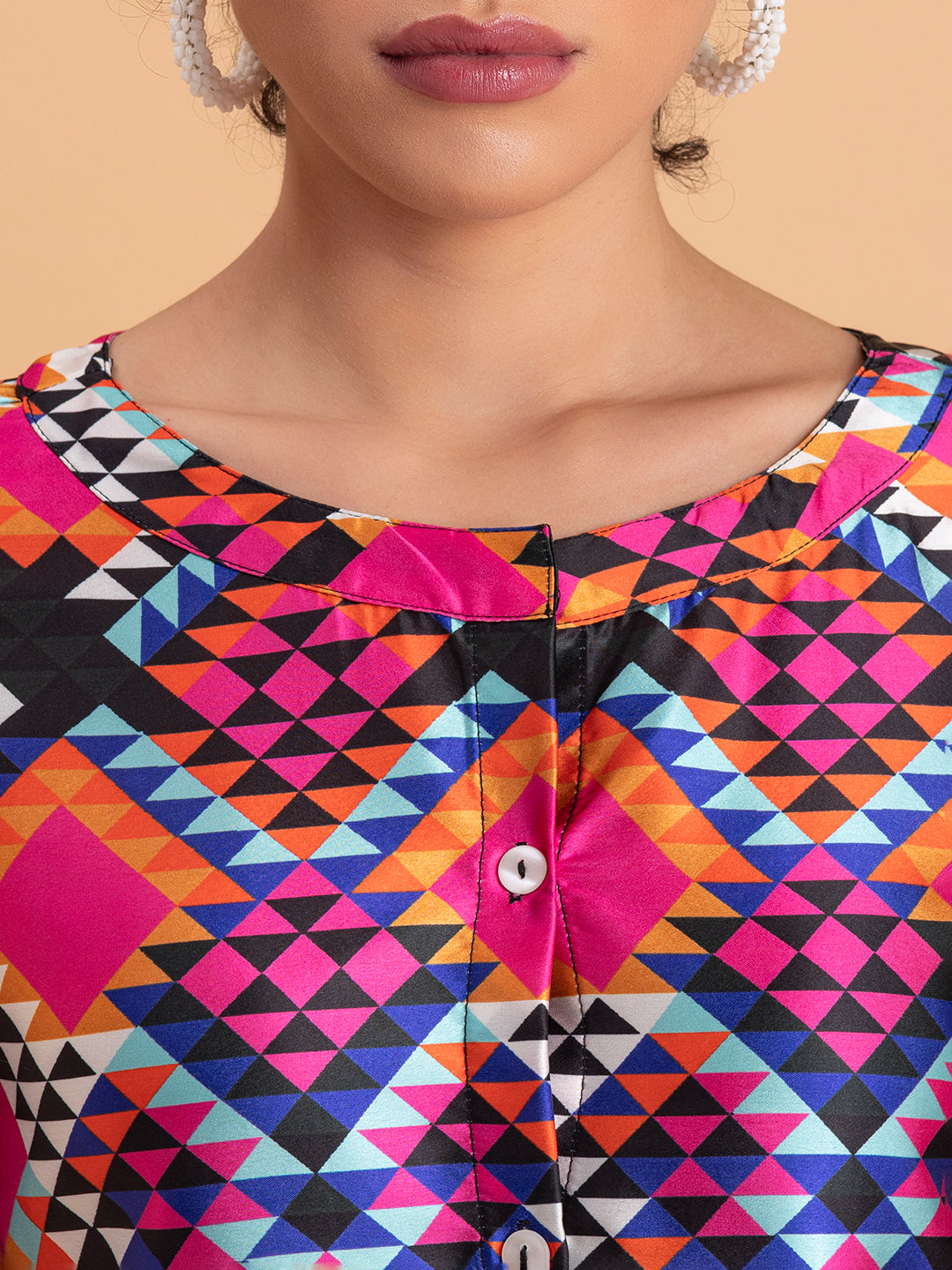 Detail of floral print on satin kurta shirt