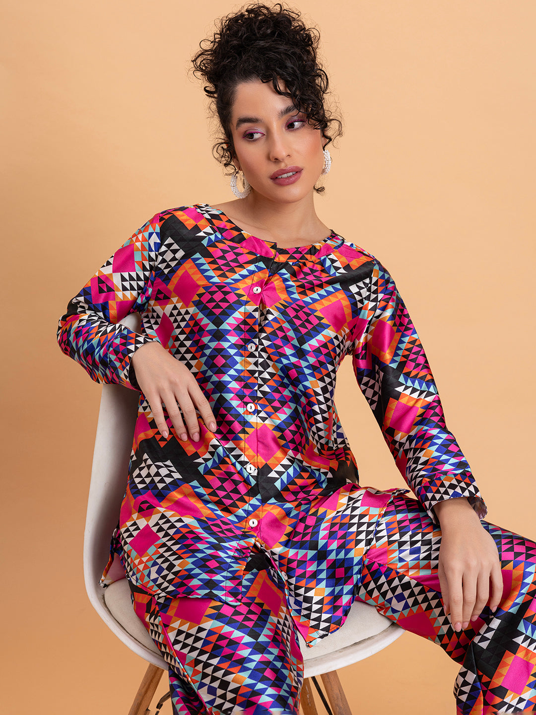 Coordinated satin pant detail in floral multicolor print