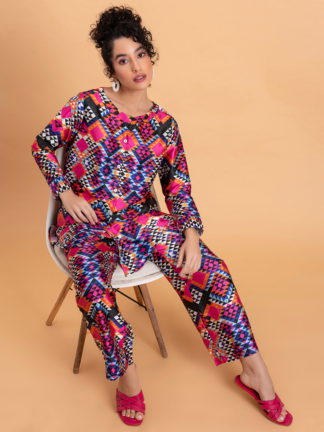 Lifestyle shot of model in floral print satin co-ord set