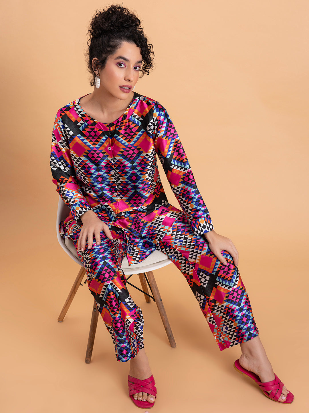 Multicolor floral print satin co-ord set styled with mules
