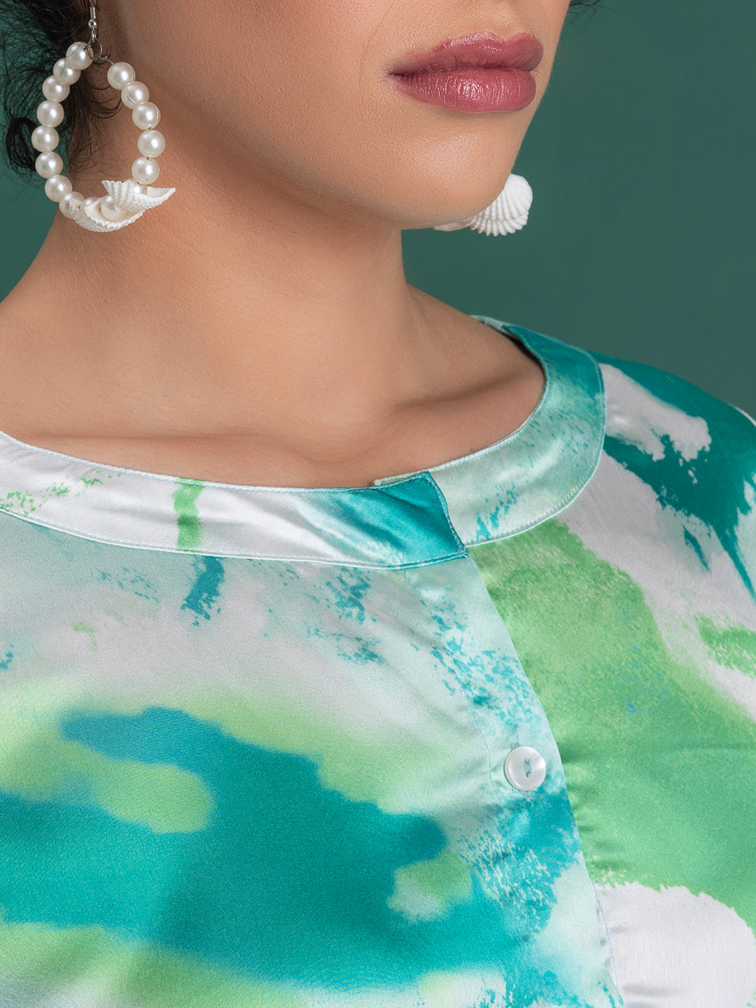 Trouser detail of green satin kurta co-ord set