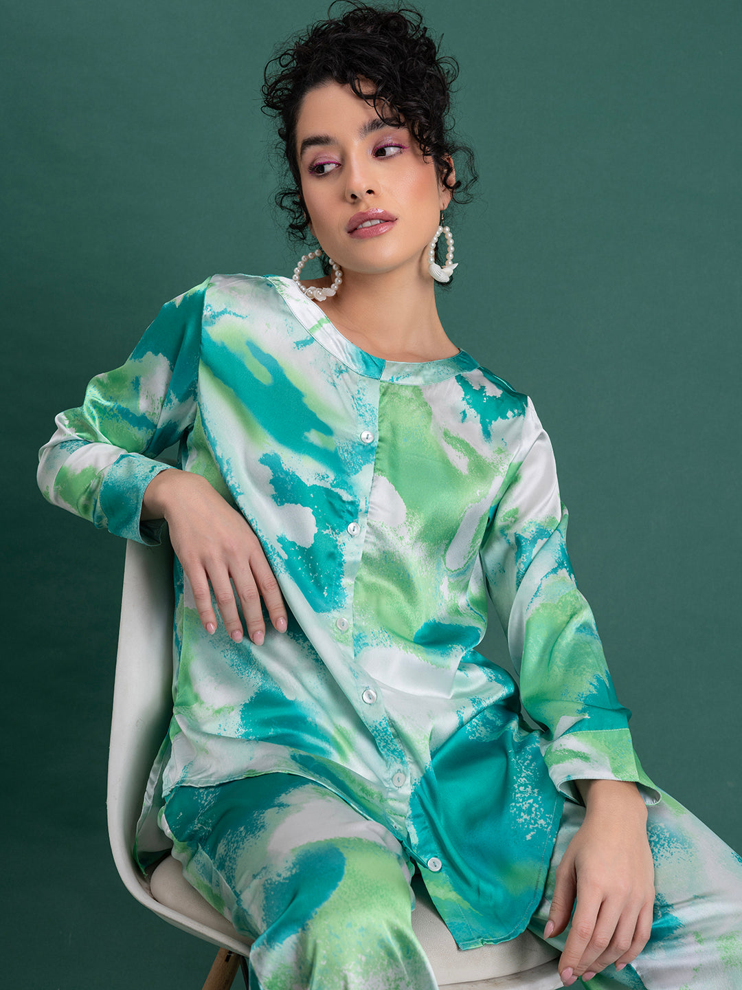 Full outfit view of green floral satin kurta co-ord set