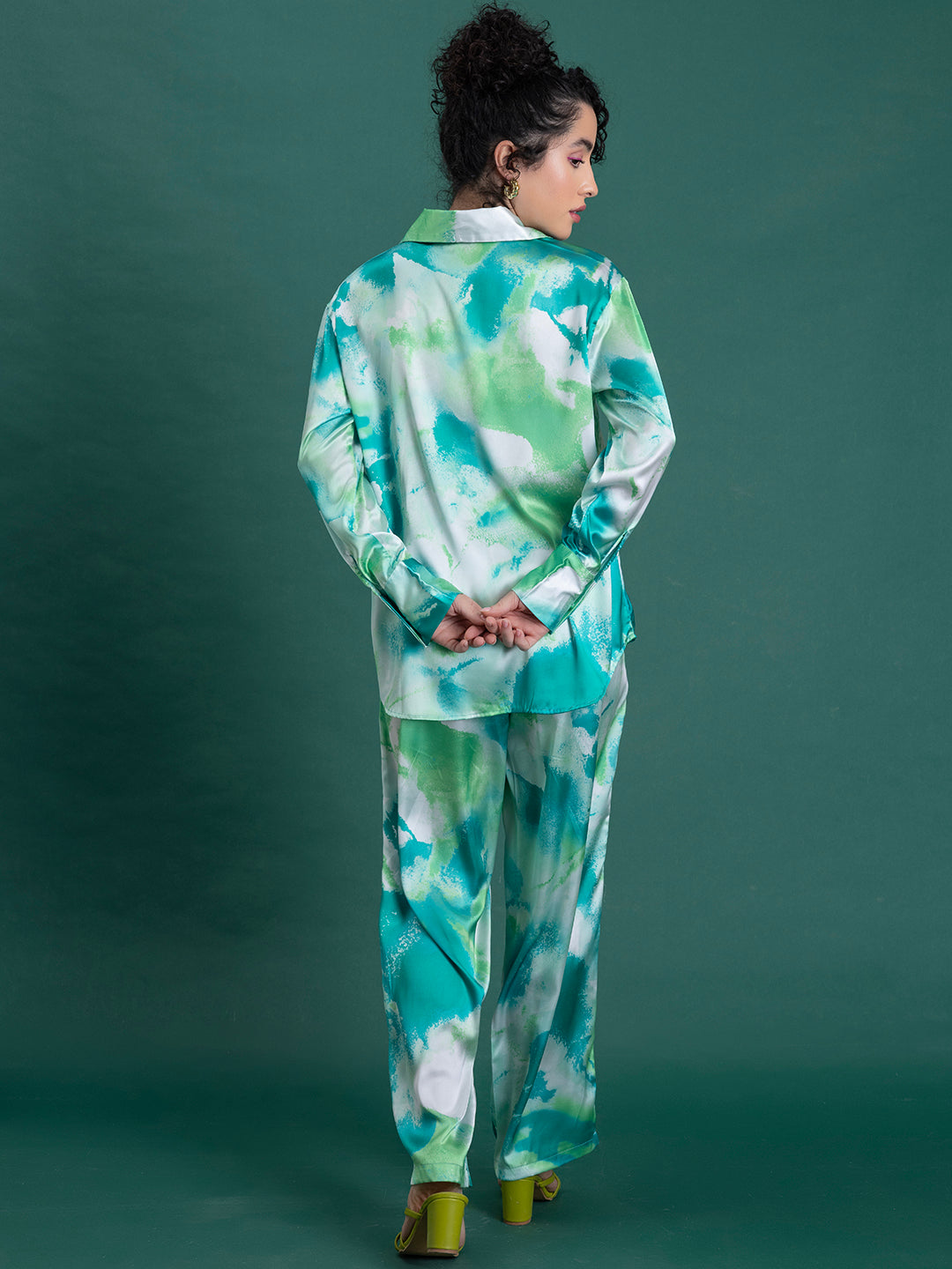 Top portion detail of green floral satin co-ord
