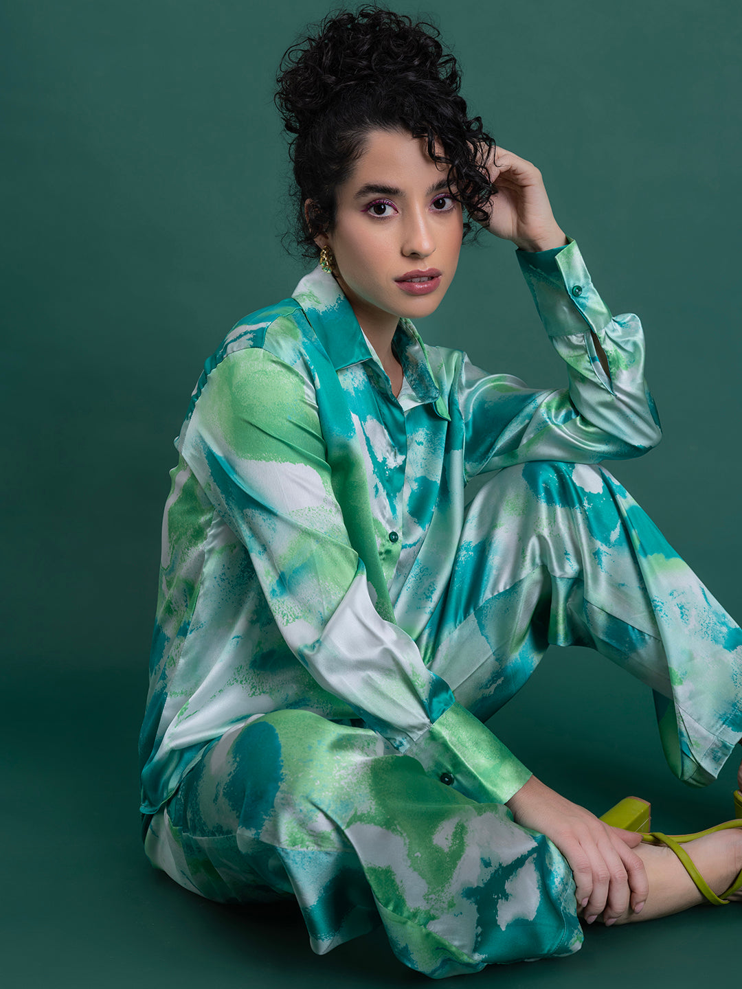 Full outfit view of green floral satin co-ord set