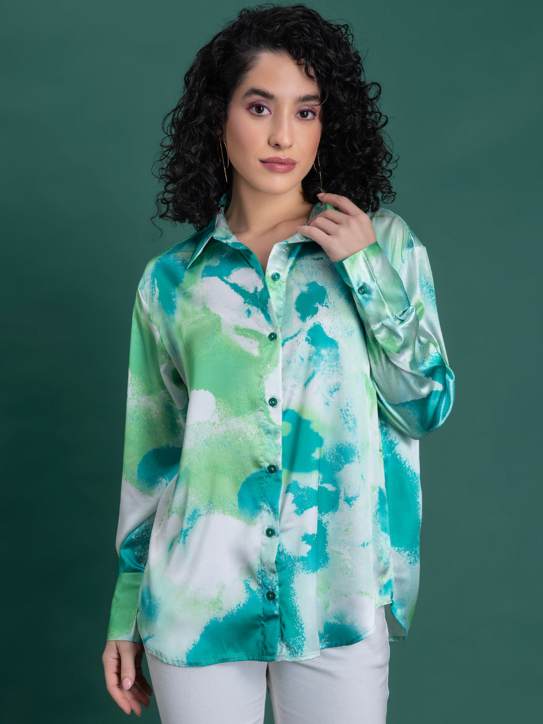 Front view of green floral print satin shirt for women with relaxed fit