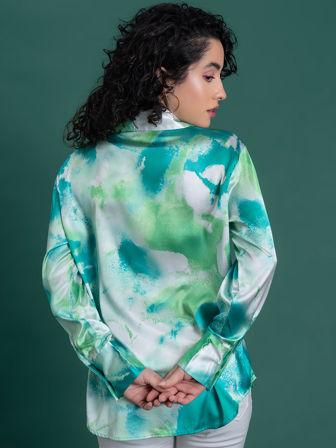 Side view of green printed satin shirt