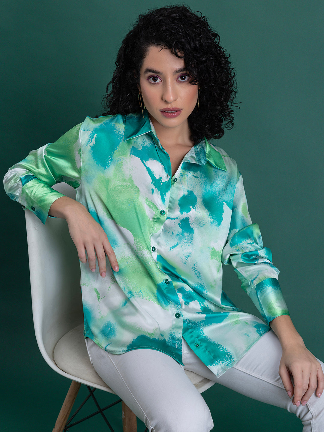 Back view of green floral print satin shirt