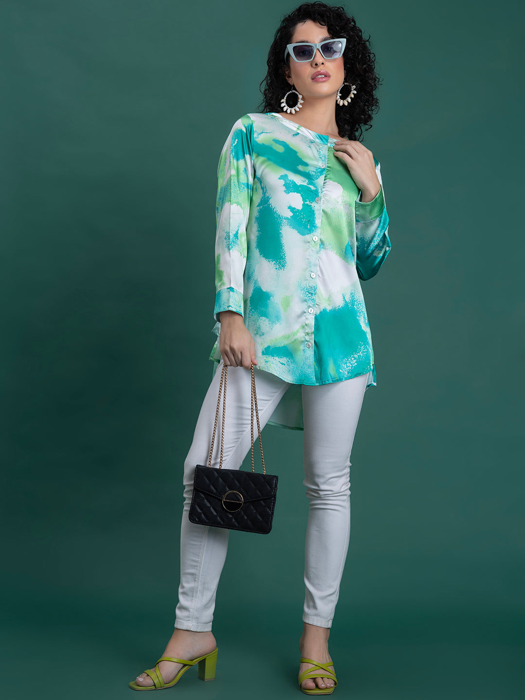 Spread collar and button placket on green satin kurta shirt