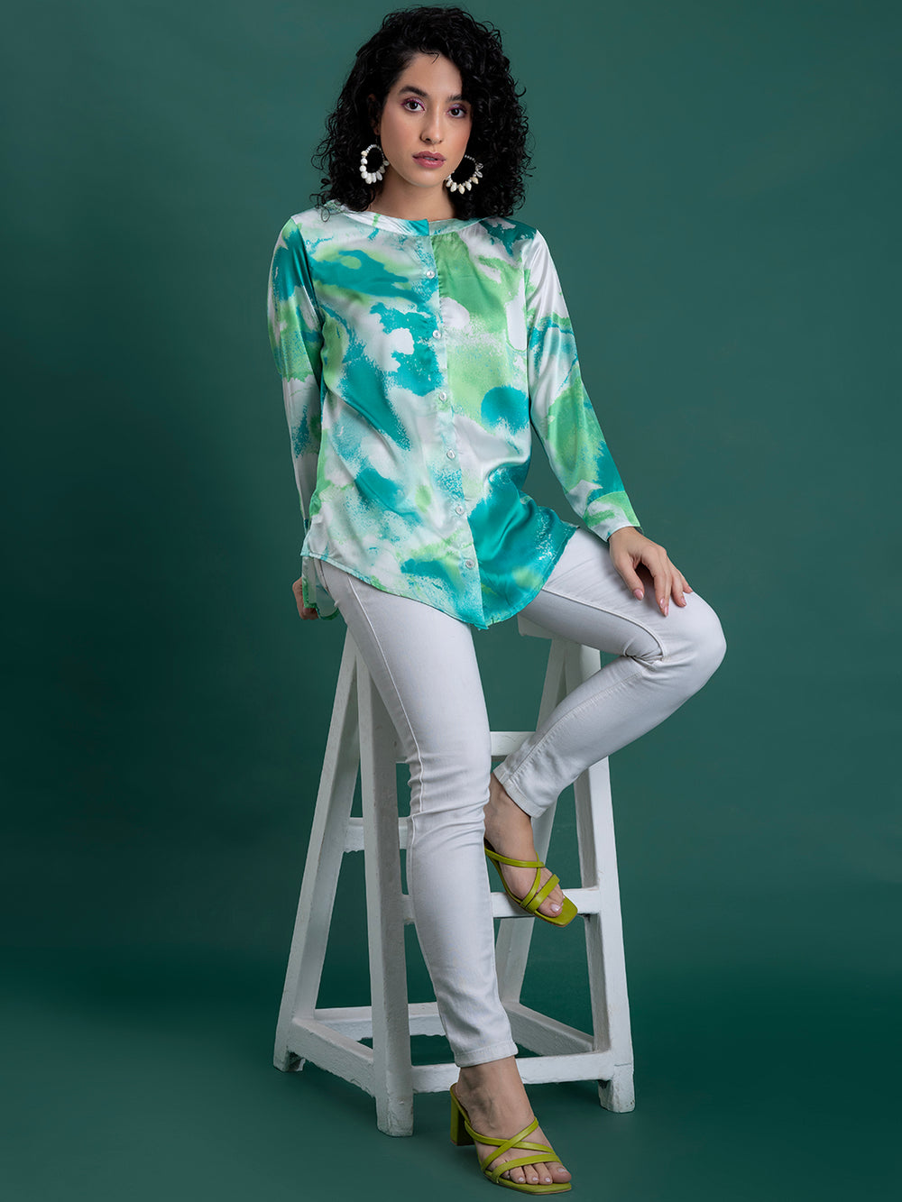 Side view of green printed satin kurta shirt