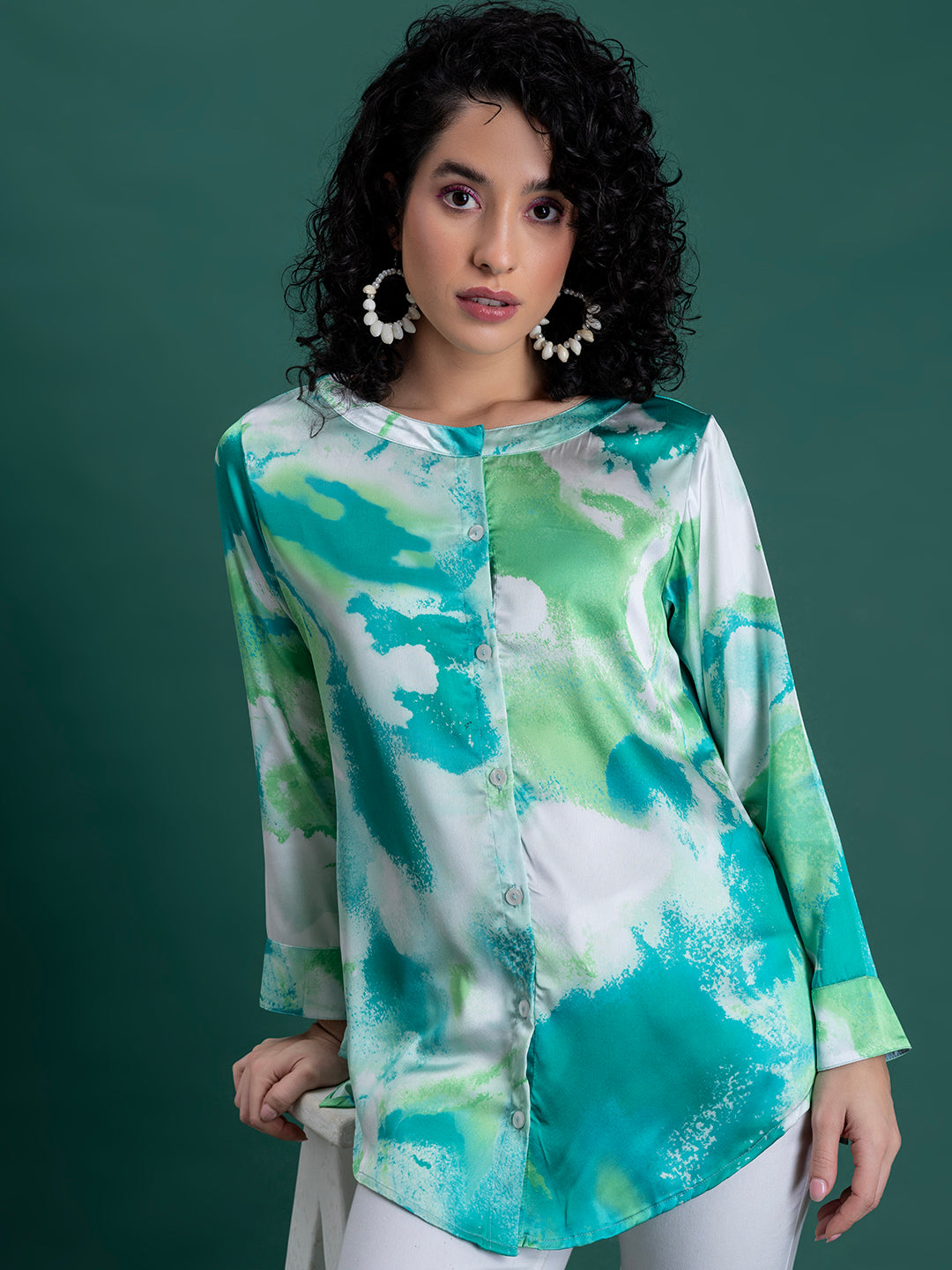 Front view of green floral print satin kurta shirt for women with relaxed fit