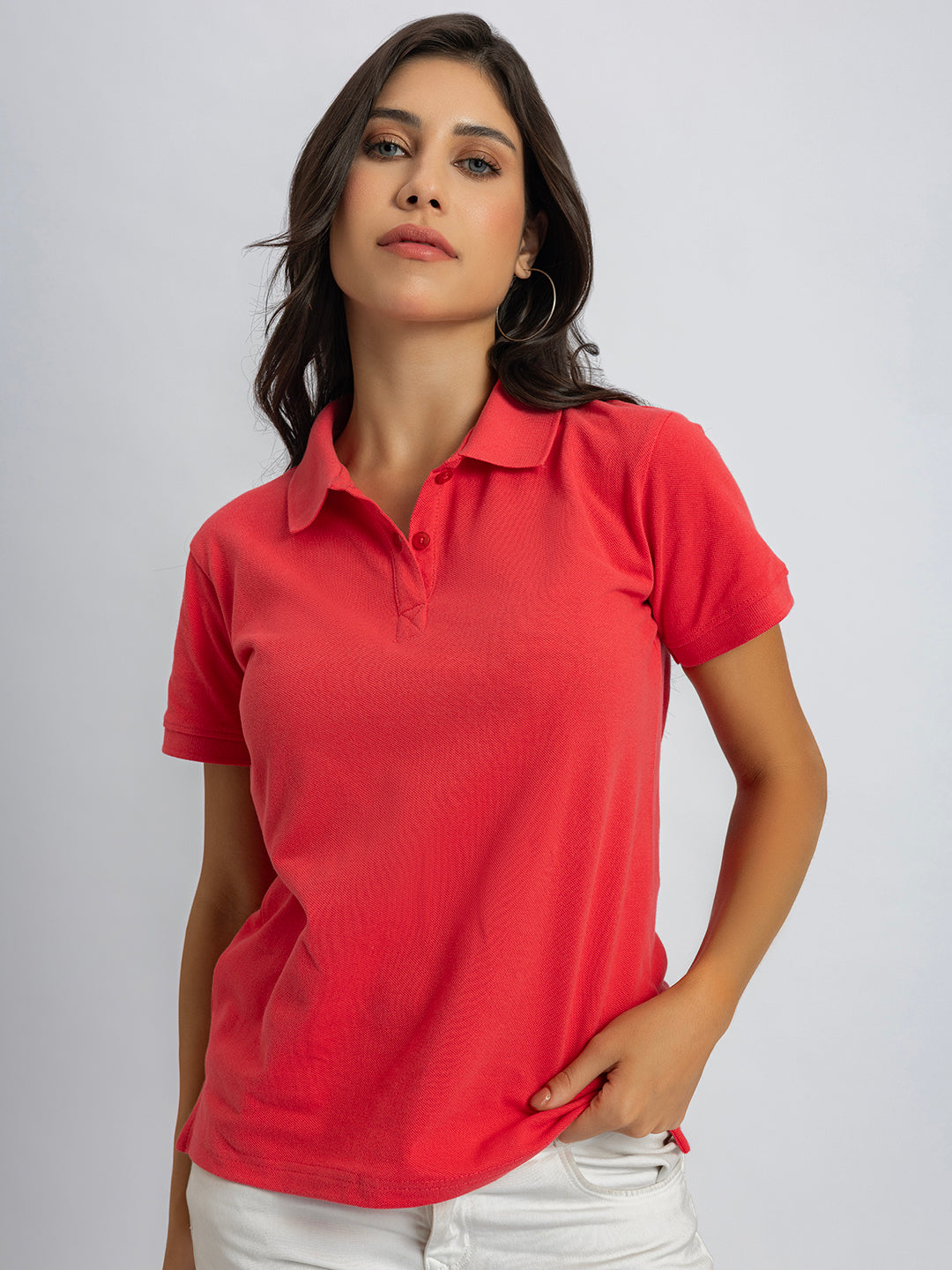 Front view of pink solid pure cotton polo T-shirt