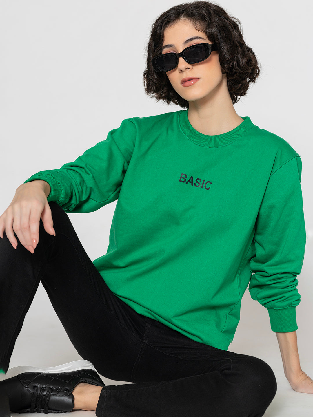 Front view of green cotton blend sweatshirt with crew neck
