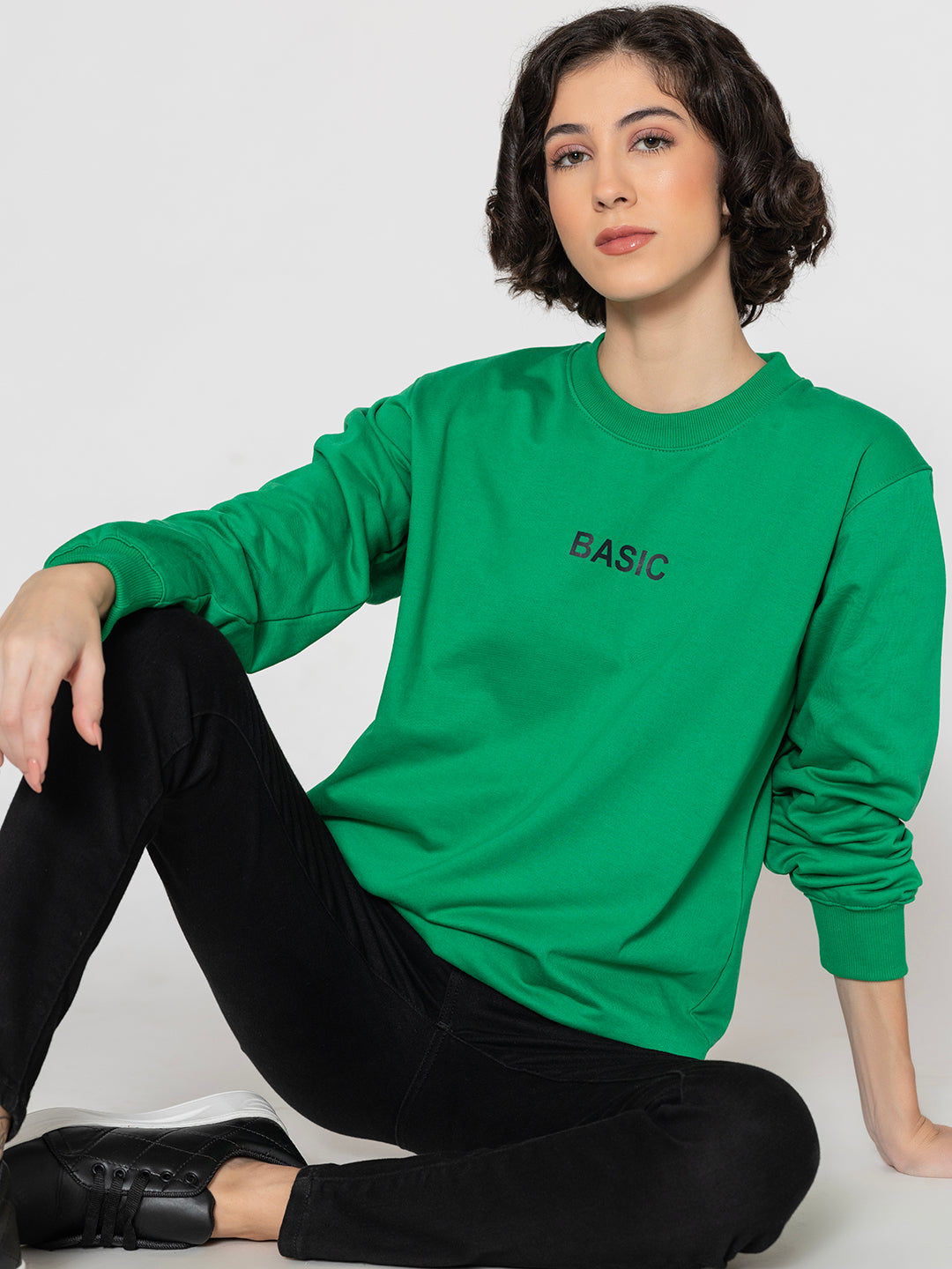 Back view of green cotton blend sweatshirt