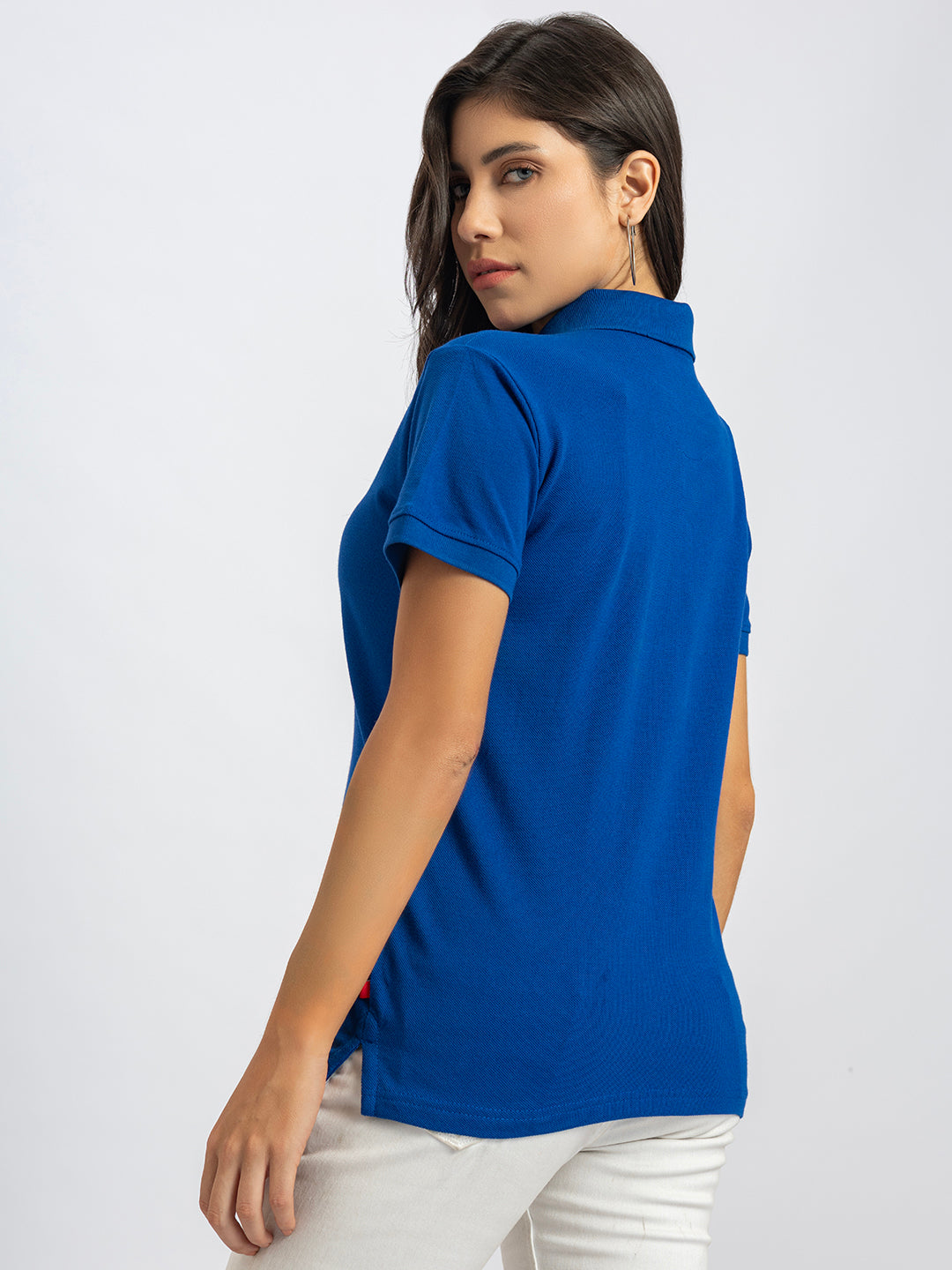 Back view of royal blue polo T-shirt