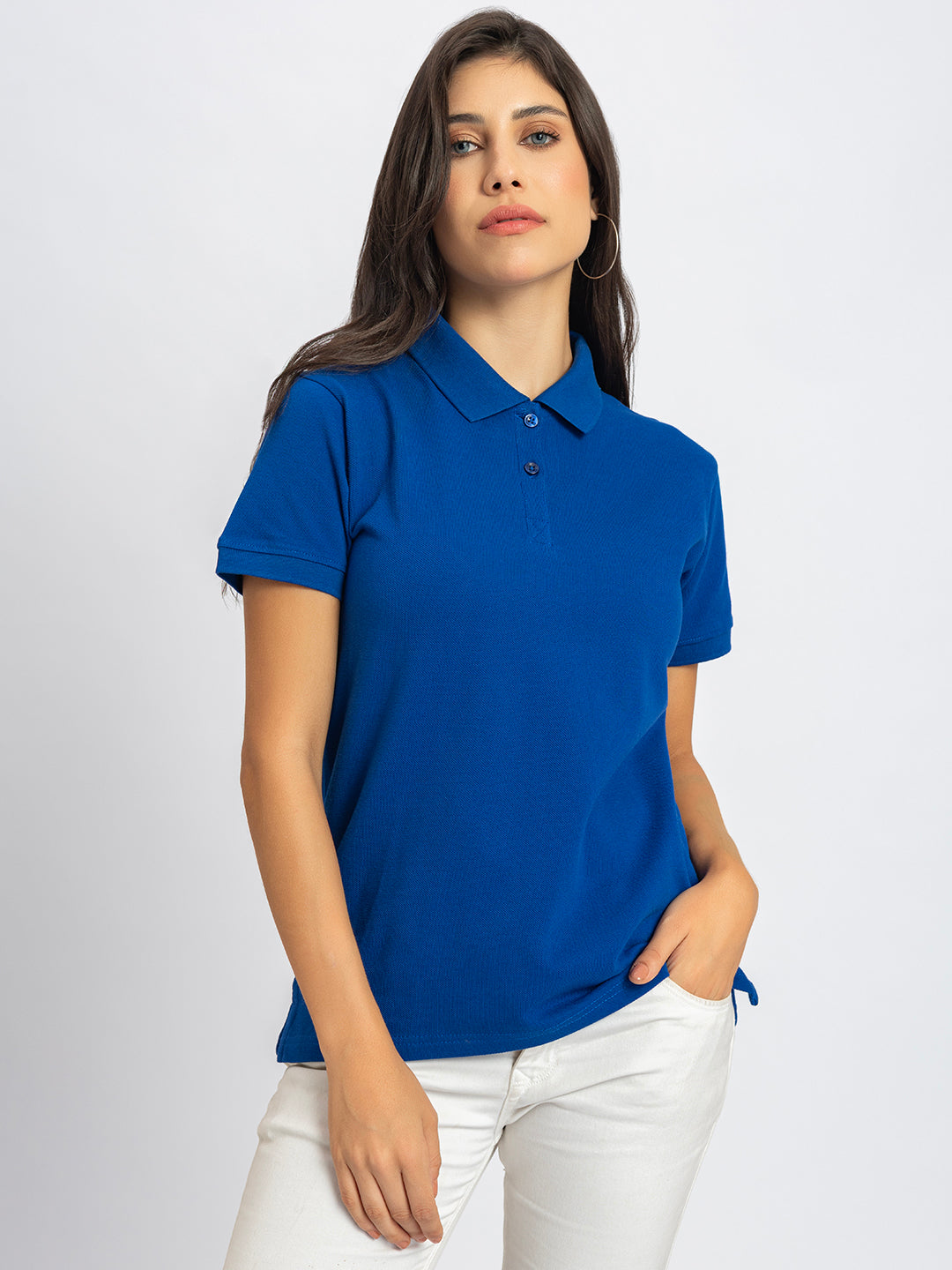 Side view of royal blue polo T-shirt with polo collar