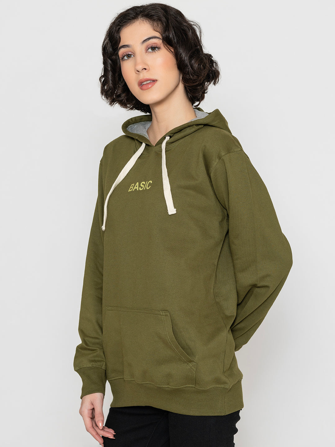 Close-up of ribbed cuffs on olive cotton fleece hoodie