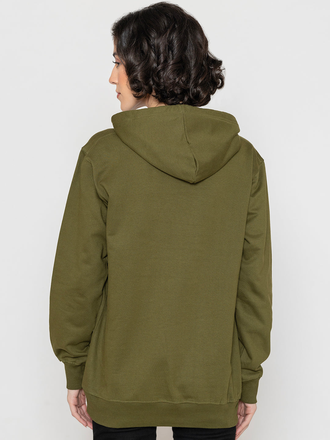 Detail of drawcord hood on olive fleece hoodie