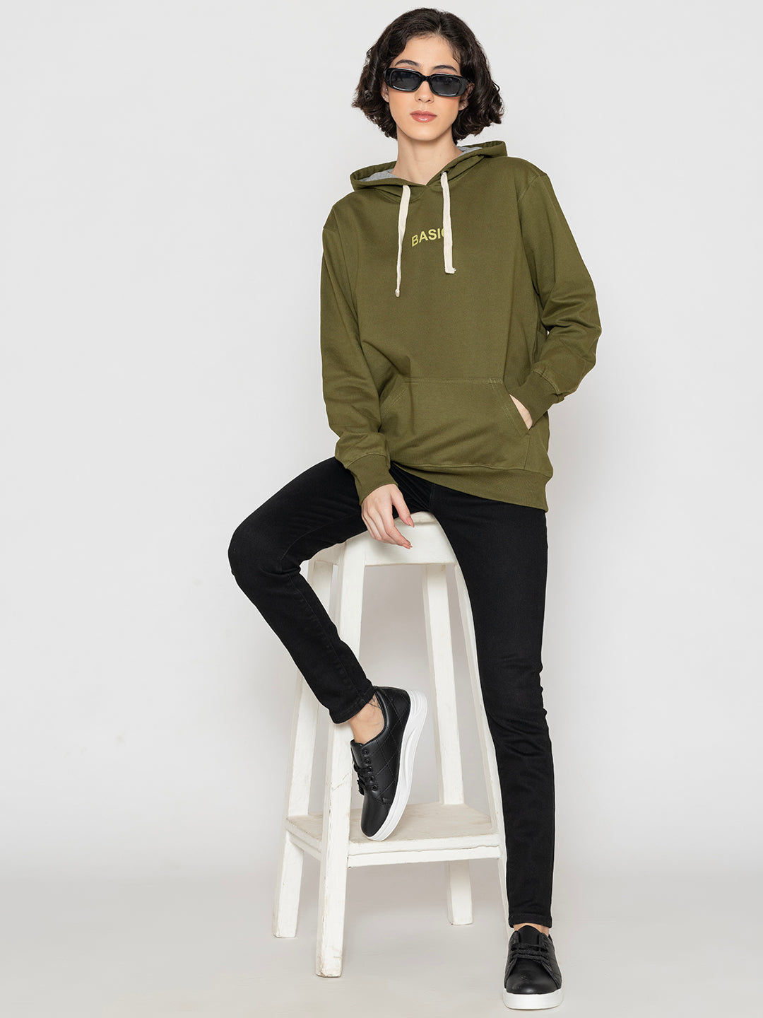 Back view of olive fleece hoodie with hood drawcord