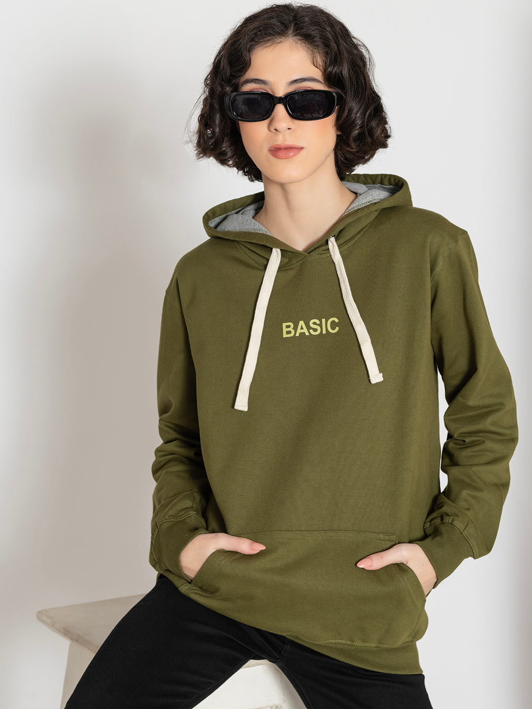Front view of olive cotton fleece hoodie with kangaroo pocket