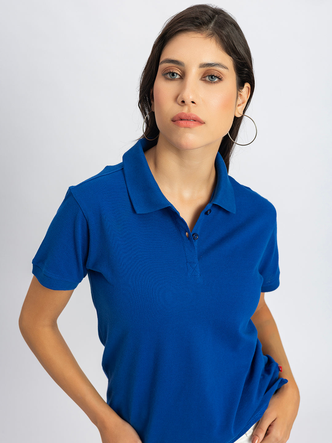 Front view of royal blue solid pure cotton polo T-shirt