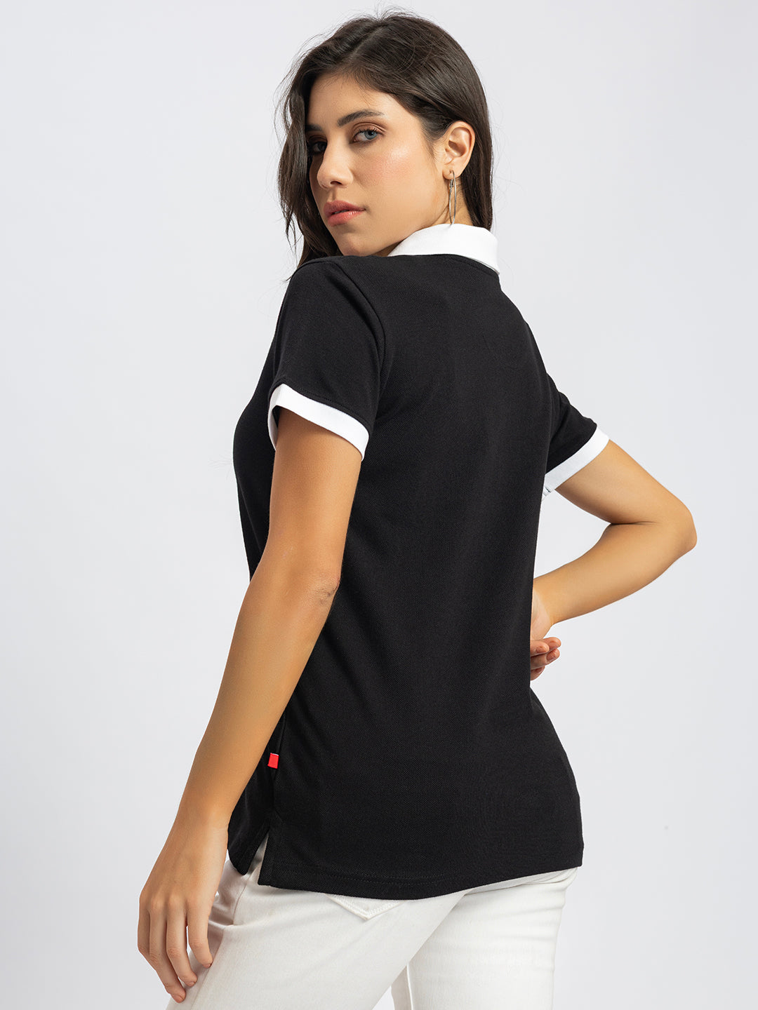 Back view of black cotton polo T-shirt