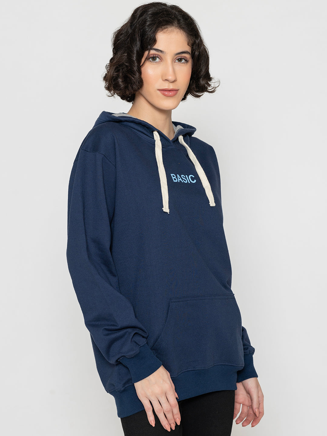 Back view of navy cotton fleece hoodie