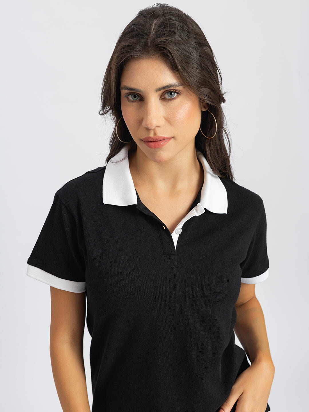 Front view of black and white collar pure cotton polo T-shirt