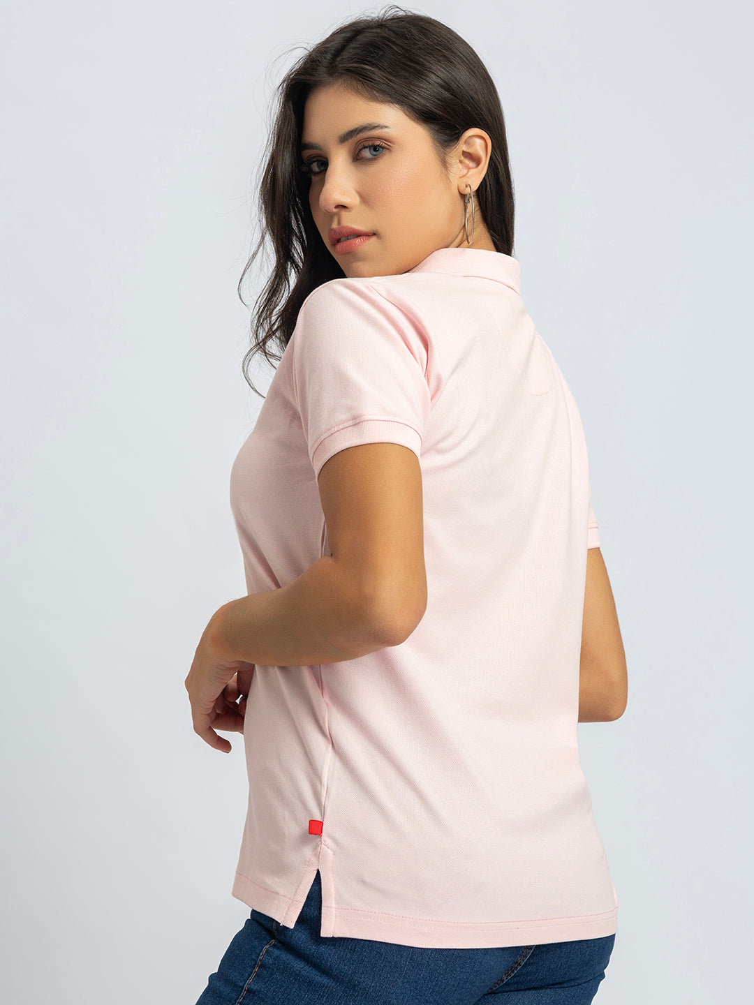 Back view of light pink polo T-shirt