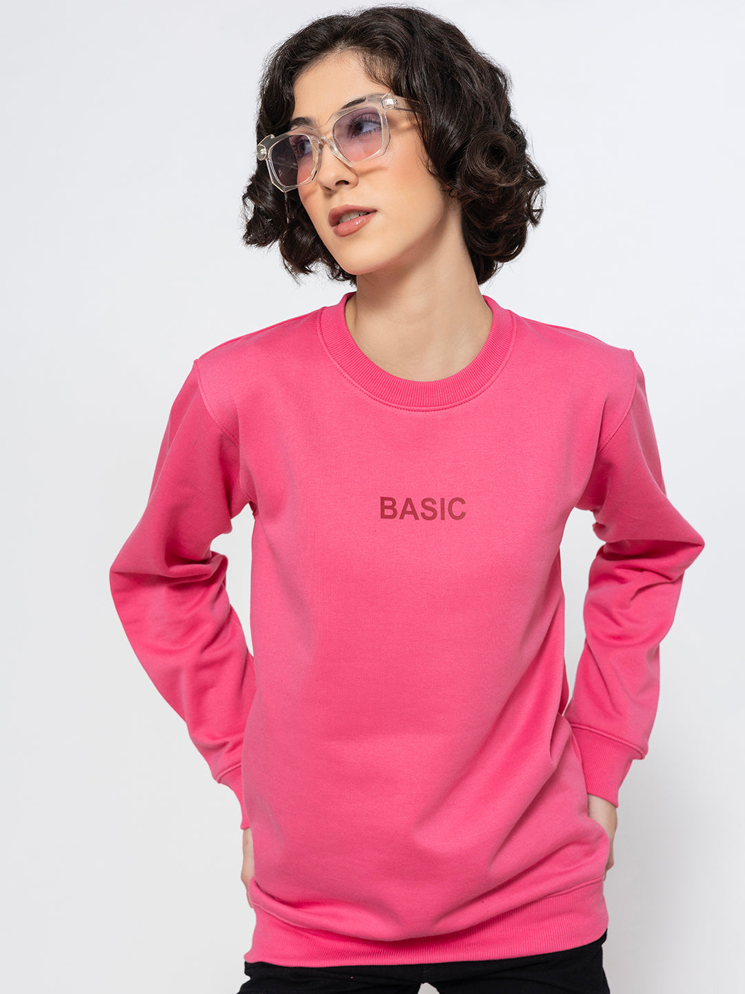 Front view of pink cotton blend sweatshirt with crew neck