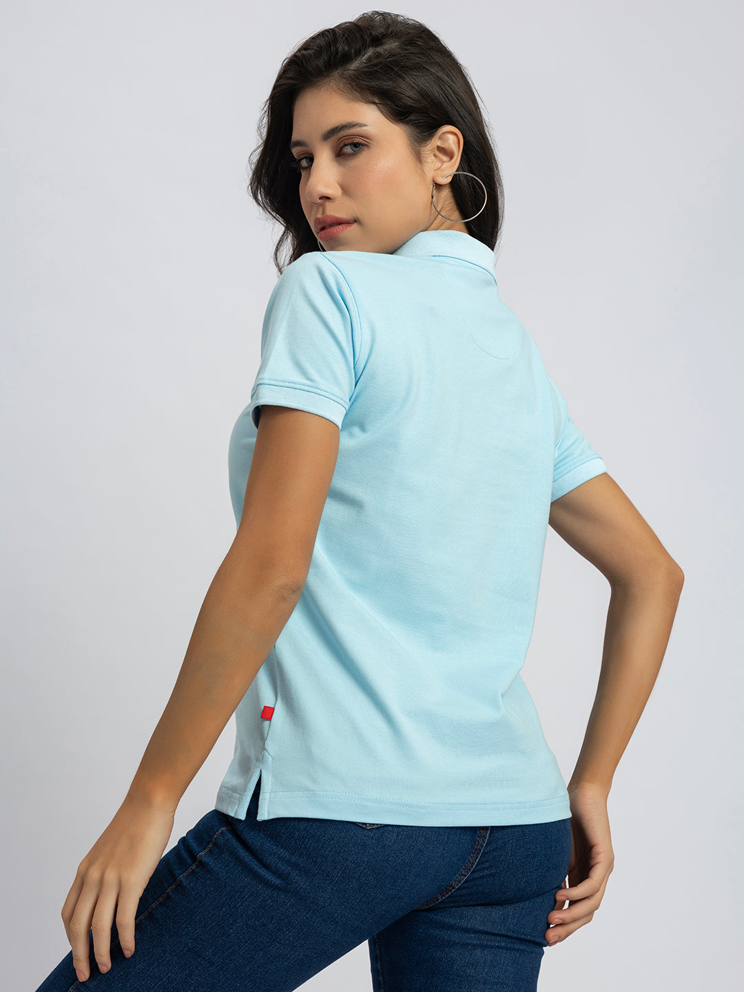 Back view of sky blue polo T-shirt