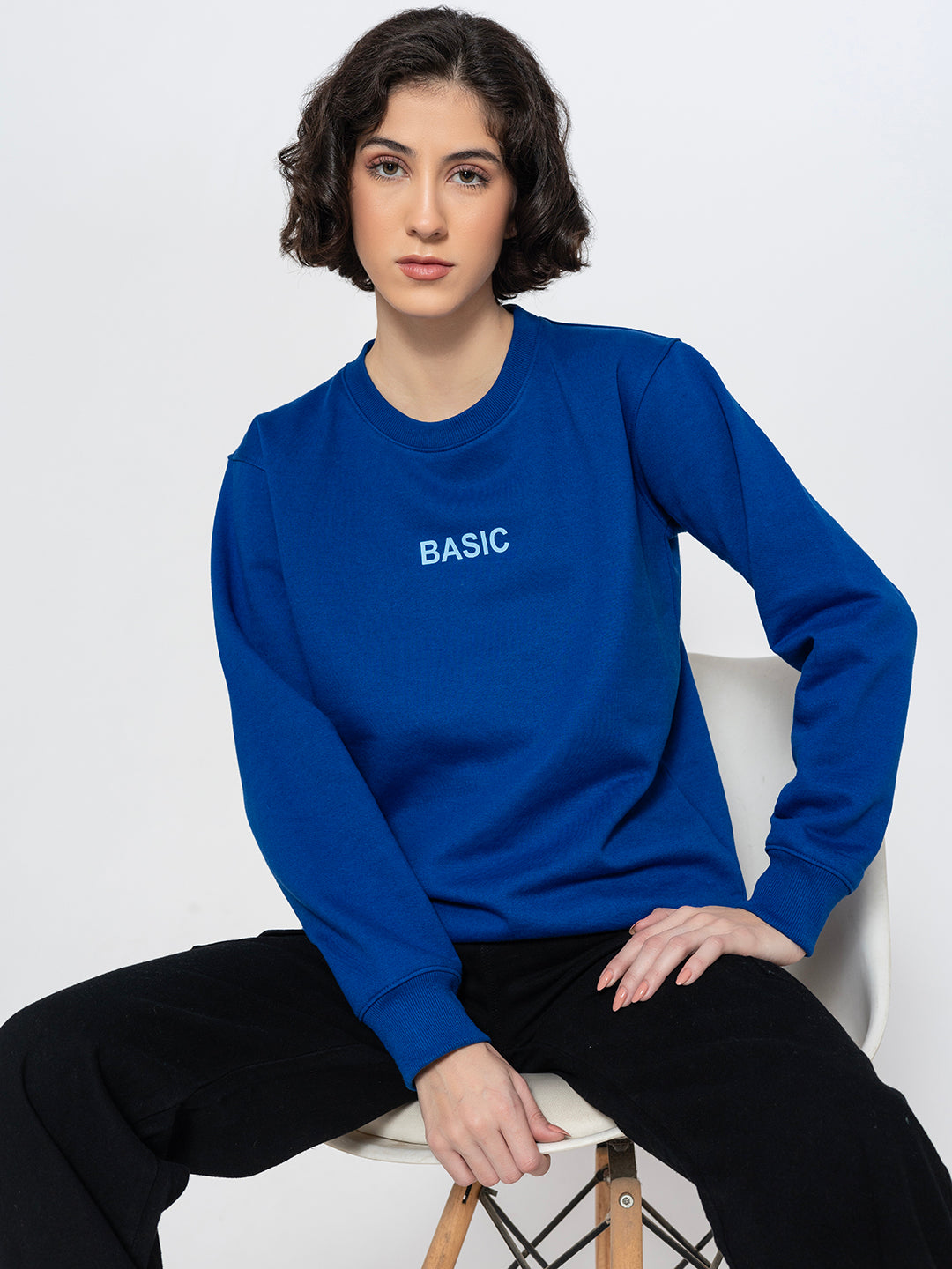 Front view of blue cotton blend sweatshirt with crew neck