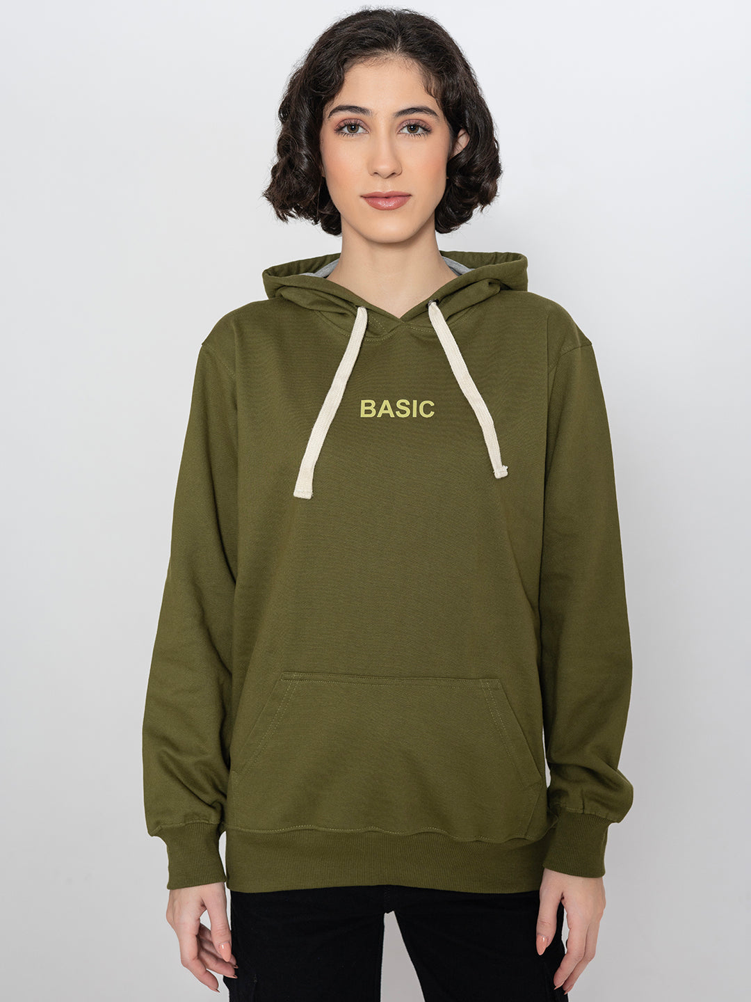 Model wearing olive fleece hoodie with relaxed fit