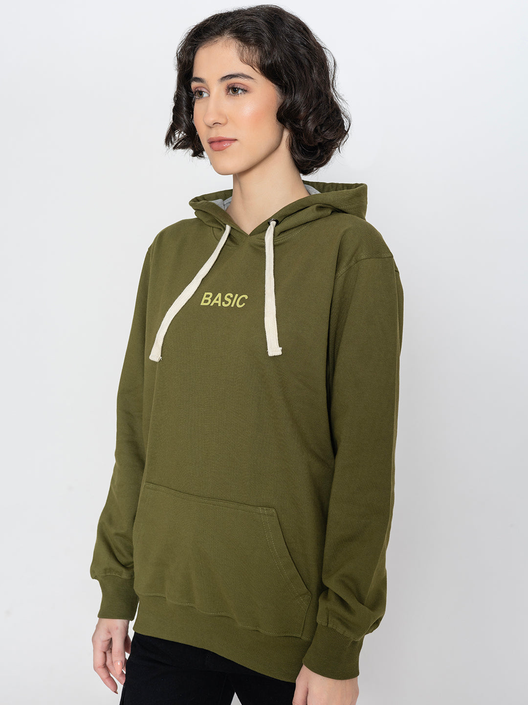 Olive fleece hoodie styled casually for everyday wear