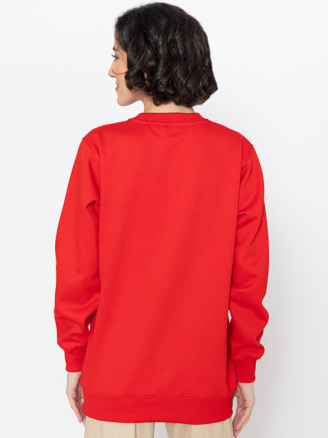 Red cotton sweatshirt shown in soft daylight