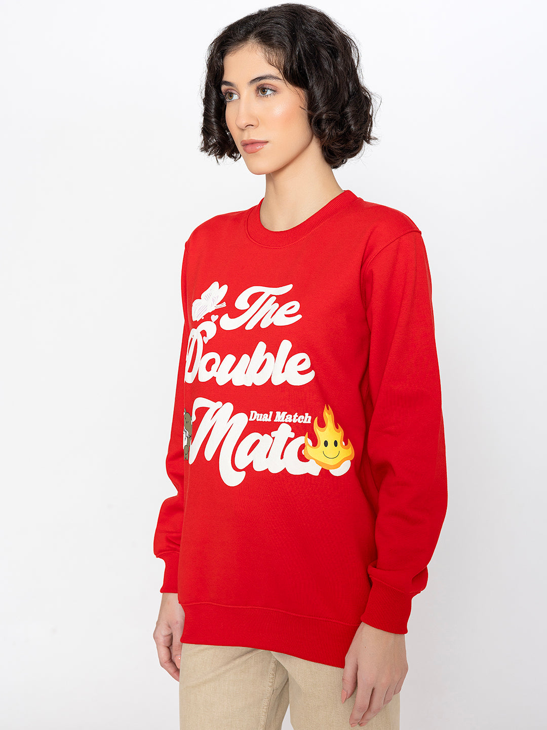 Full-length view of red relaxed sweatshirt