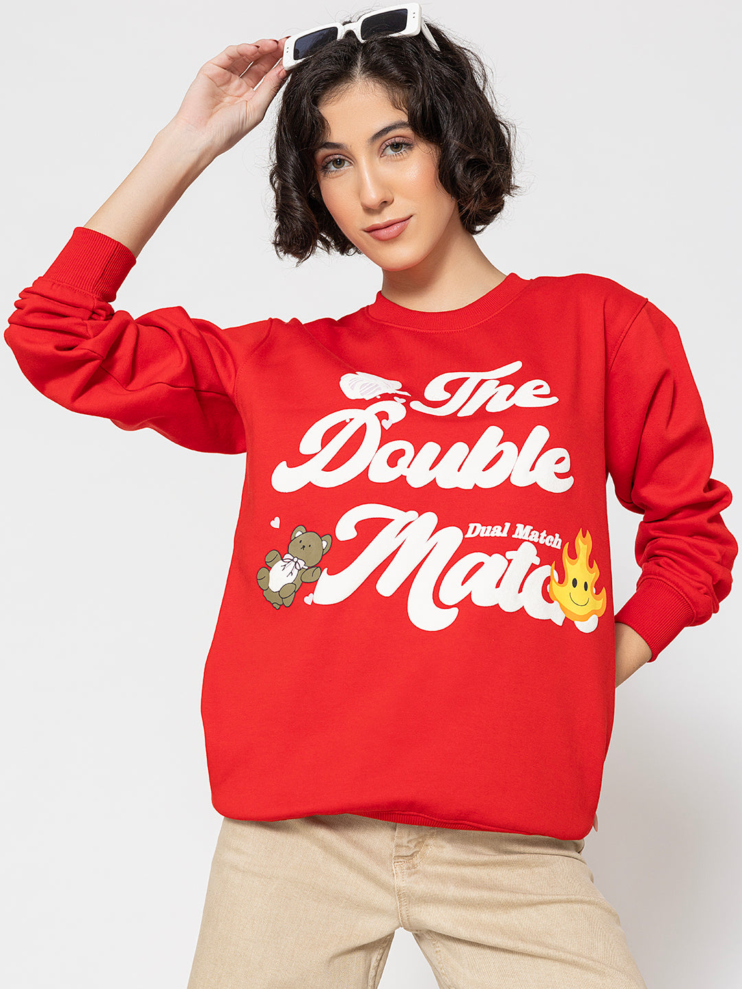 Back view of red cotton fleece sweatshirt