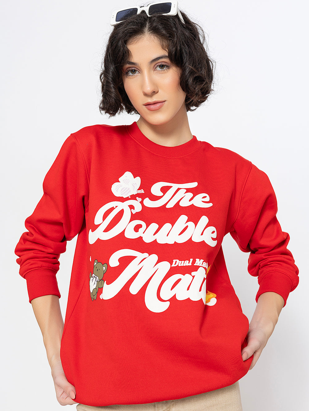 Side view of red cotton sweatshirt with relaxed fit