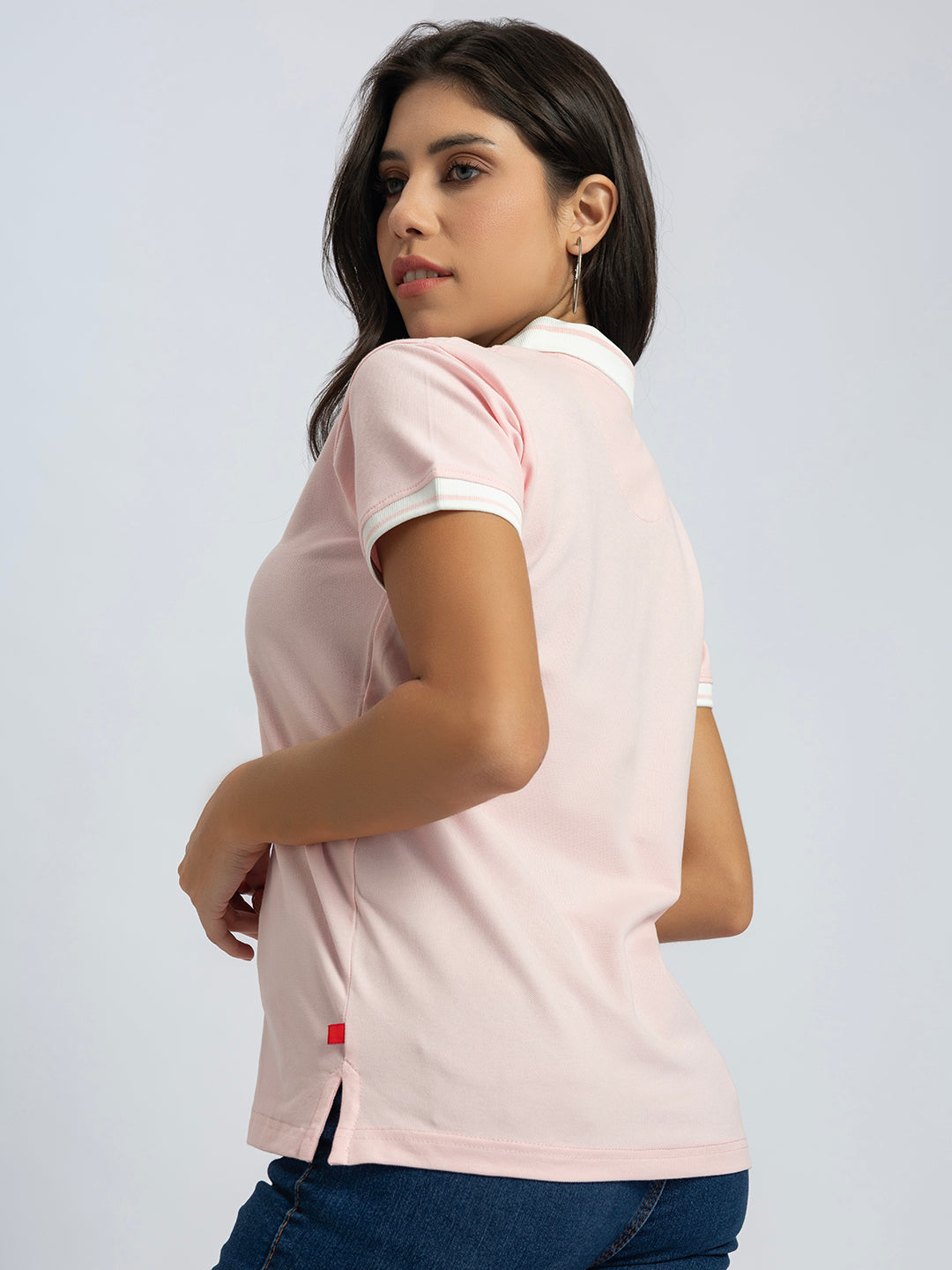 Back view of light pink cotton polo T-shirt