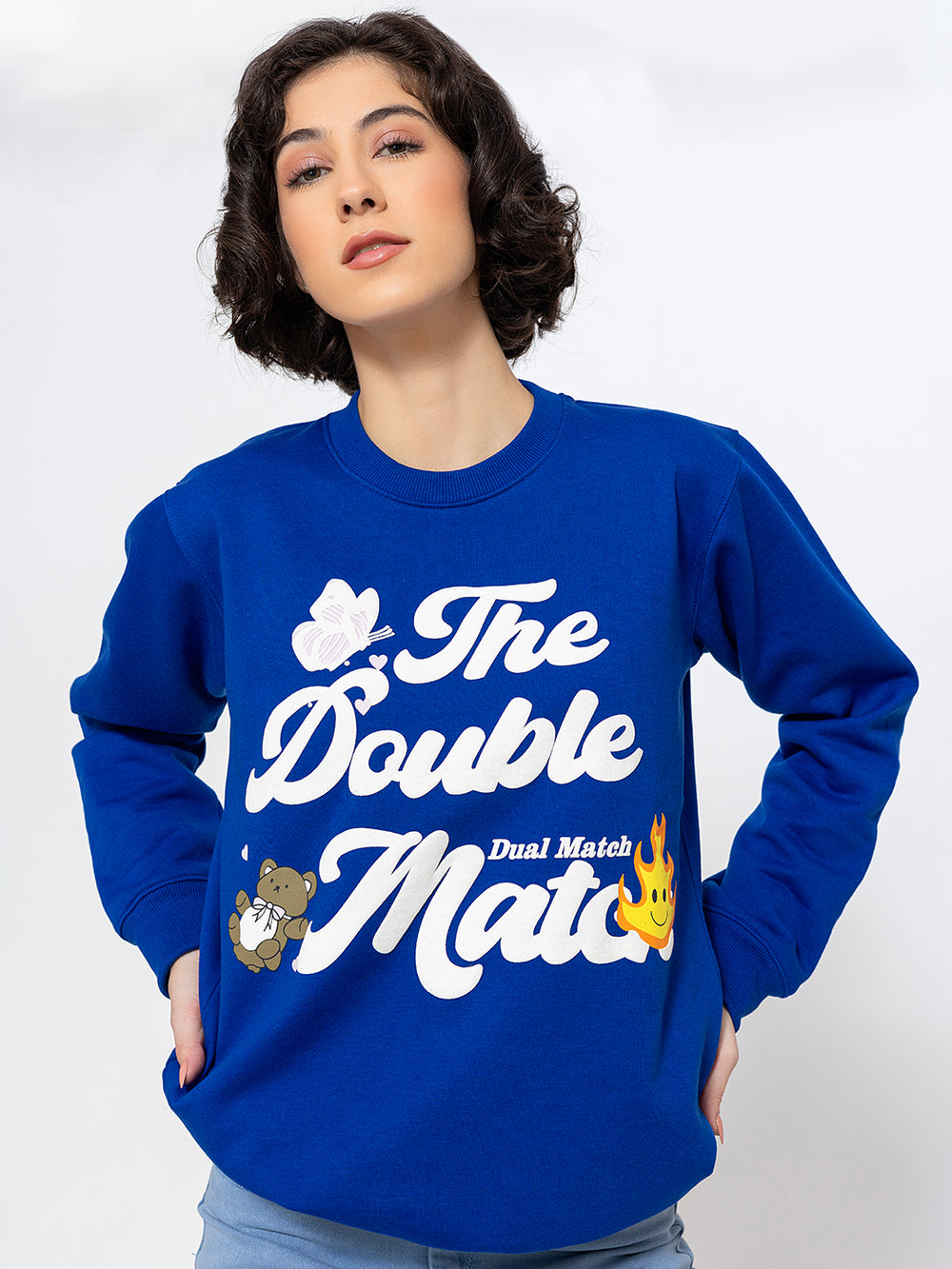Side view of blue cotton sweatshirt